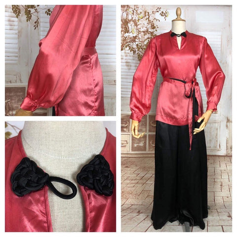LAYAWAY PAYMENT 2 OF 2 - RESERVED FOR LIV - Exquisite Original 1930s Fuchsia Pink And Black Satin Lounge Pyjama Set With Bishop Sleeves