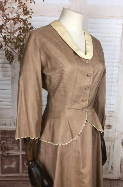 Original 1940s 40s Vintage Sand Coloured Silk New Look Skirt Suit With Lace Trim