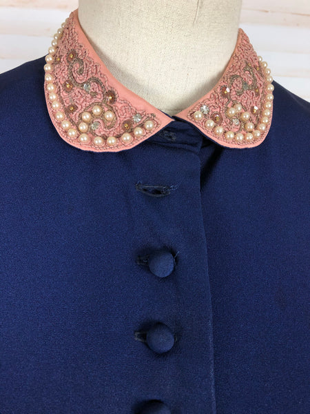 Original 1940s 40s Vintage Navy Blue Suit With Tie Detail And Pink Beaded Soutache Collar By Paul Sachs