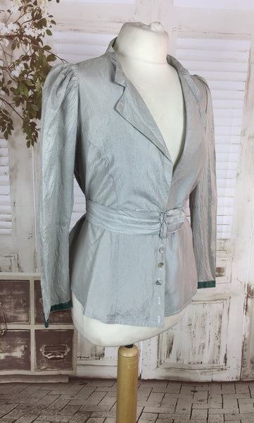 Original 1930s 30s Vintage Light Blue Silk Taffeta Belted Jacket With Puff Sleeves