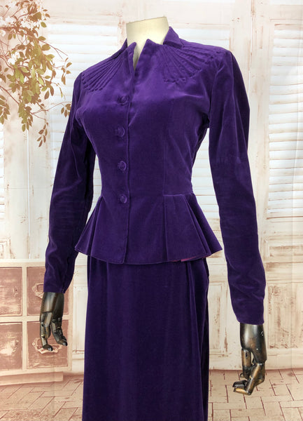 Super Rare Original 1940s 40s Vintage Royal Purple Velvet Peplum Suit With Amazing Sunburst Trapunto Decoration