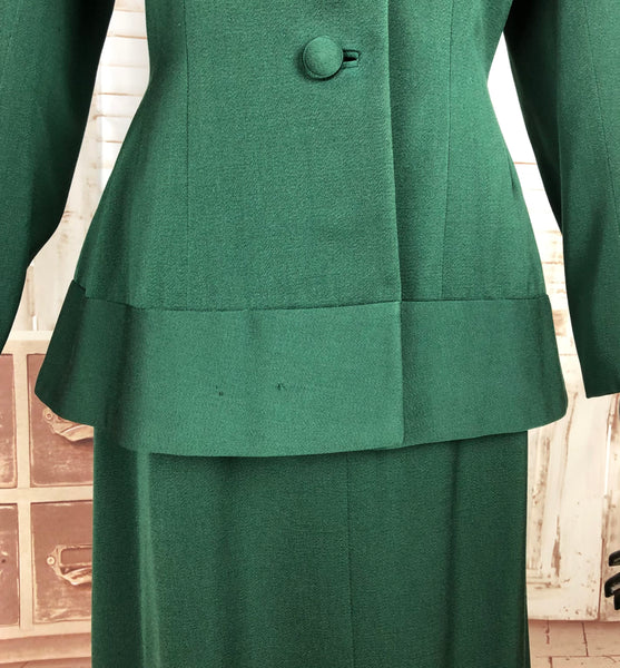 Original Vintage 1940s 40s Forest Green Gabardine Skirt Suit With Incredible Button Peplum