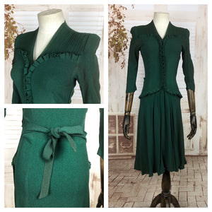 Original Early 1940s 40s Vintage Forest Green Crepe Dress