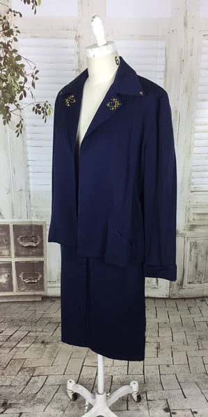 Original 1950s Navy Blue Vintage Wool Skirt Suit With Brass Collar Studs By Botany USA