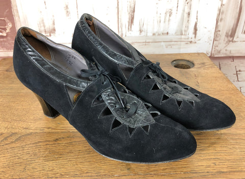 Beautiful Original Early 1940s 40s Vintage Black Suede Heeled Shoes With Cut Out Details