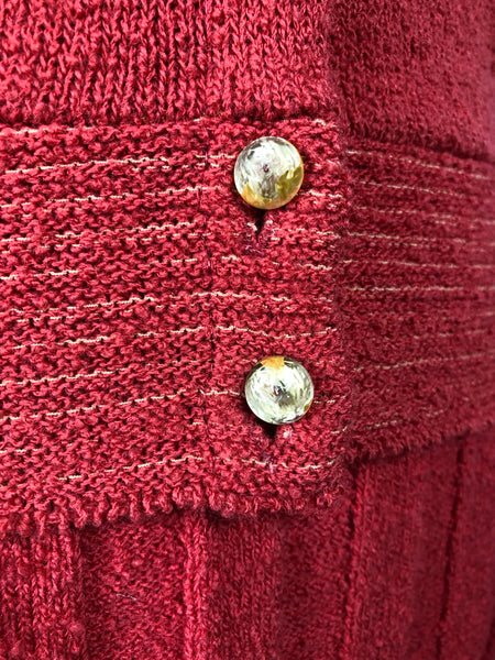 Rare Original Late 1940s / Early 1950s Volup Vintage Red Knit Sweater Set With Beading