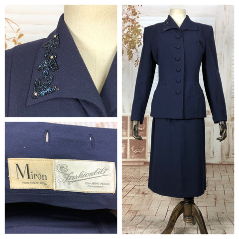 LAYAWAY PAYMENT 3 OF 3 - RESERVED FOR LILIAN - Stunning Original 1940s 40s Navy Blue Miron Wool Suit With Beaded Collar