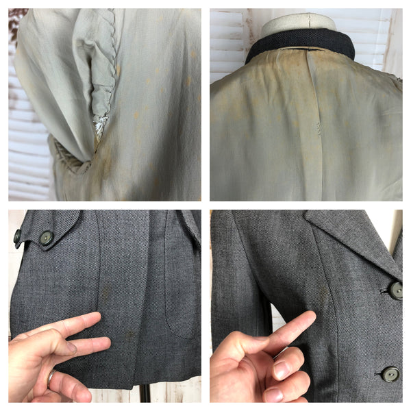 Original 1940s 40s Grey Wool Suit Jacket With Gorgeous Pockets