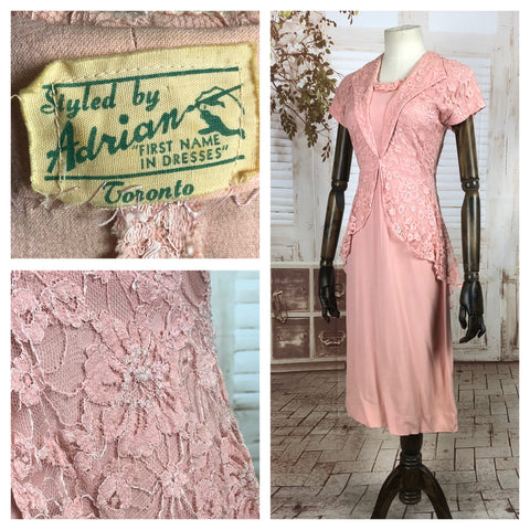 Original Vintage 1940s 40s Pink Crepe And Lace Dress By Adrian
