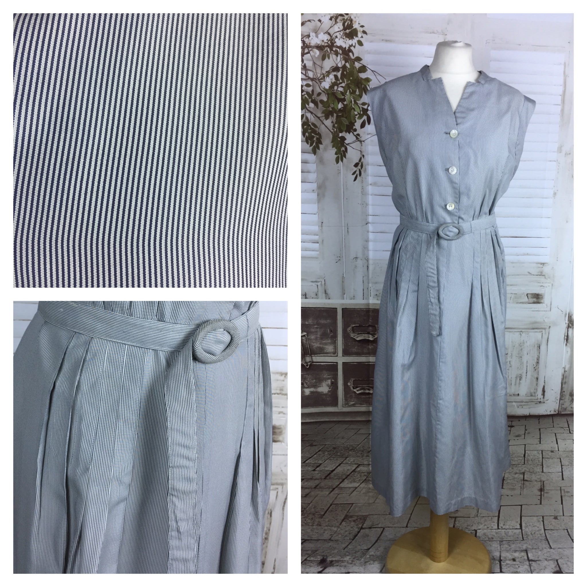 Original 1940s Vintage Volup Blue And White Stripe Cotton Summer Dress With Matching Belt