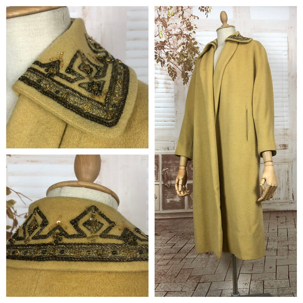 Fabulous Original 1950s 50s Vintage Mustard Yellow Swing Coat With Gold Bullion Lamé Embroidery