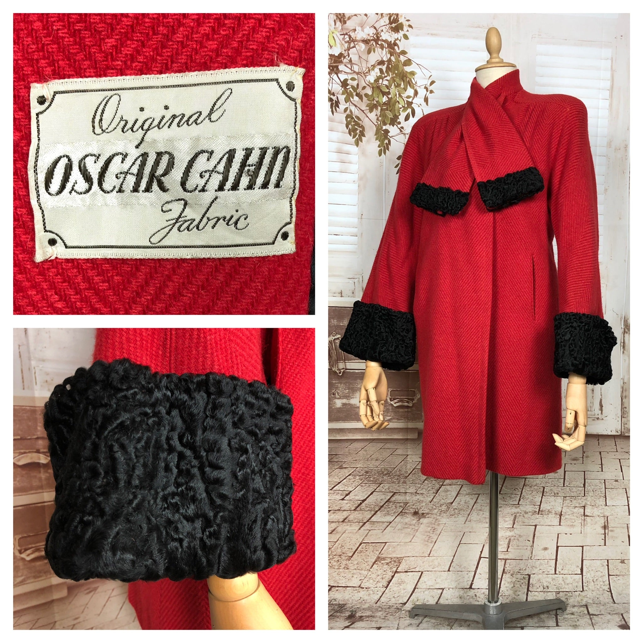 Incredible Rare Original 1940s Vintage Red Chevron Wool Couture Coat By Oscar Cahn