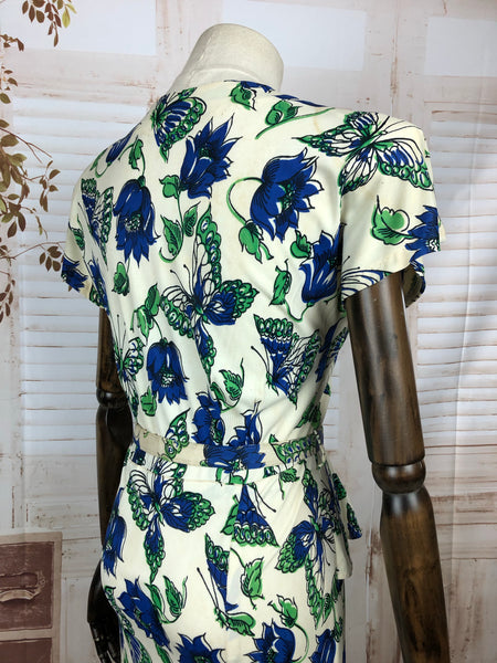Original 1940s 40s Vintage Rayon Jersey Novelty Print Bluebell And Butterfly  Dress