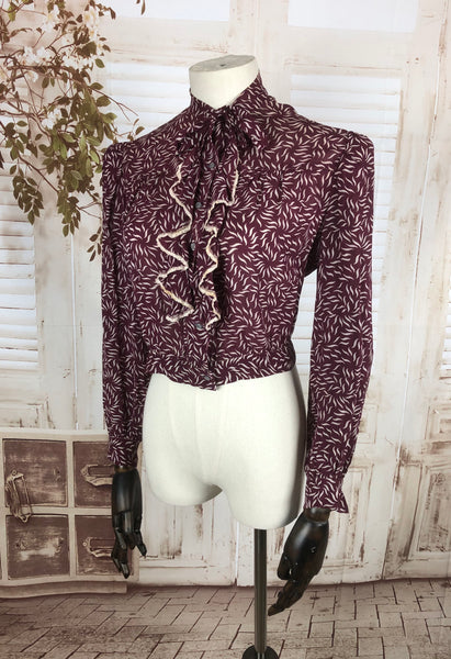 Original 1930s 30s Vintage Burgundy Printed Chiffon Blouse With Padded Shoulders And Ruffle