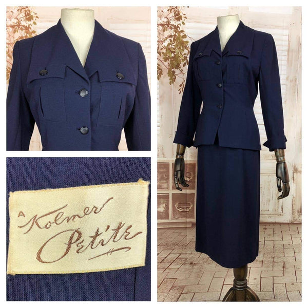 Original Late 1940s 40s Vintage Navy Blue Skirt Suit With Fabulous Collar By Kolmer