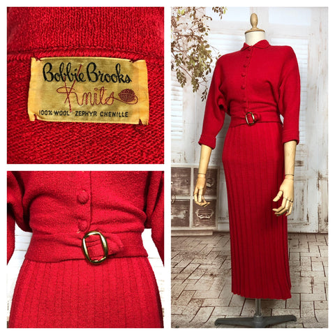 Stunning Original 1950s Vintage Bright Red Knit Set By Bobby Brooks