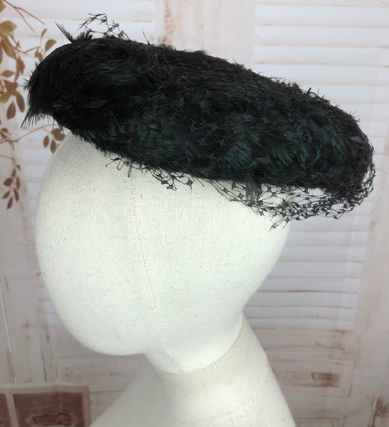 Gorgeous Iridescent Black Feather 1940s 40s Hat With Veiling