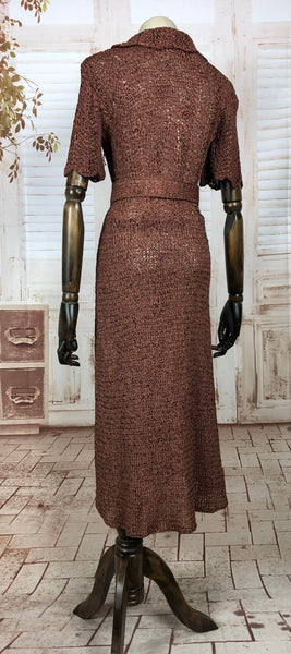 Stunning Original 1940s 40s Vintage Milk Chocolate Brown Belted Ribbon Knit Dress