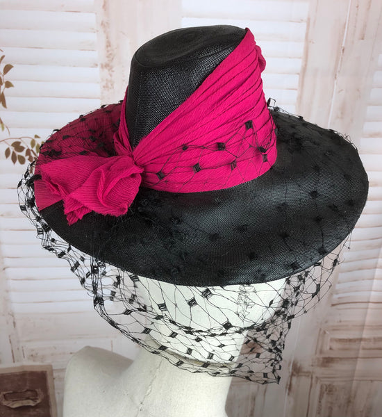Incredible Original Vintage 1940s 40s Black Witchy Fedora Hat With Pink Trim Exhibited At The Imperial War Museum