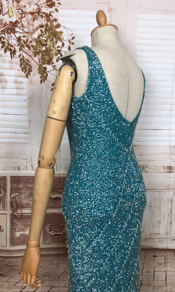 LAYAWAY PAYMENT 1 OF 5 - RESERVED FOR LINDSAY - Exceptional Original 1950s Vintage Fully Beaded Turquoise Gown Hollywood Dress Unlabelled Gene Shelly