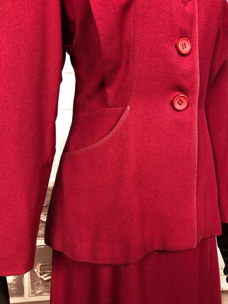 Gorgeous Original 1940s 40s Vintage Lipstick Red Collarless Skirt Suit