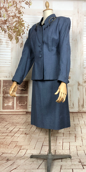 Fabulous Original Late 1940s Volup Vintage Steel Blue Beaded Skirt Suit