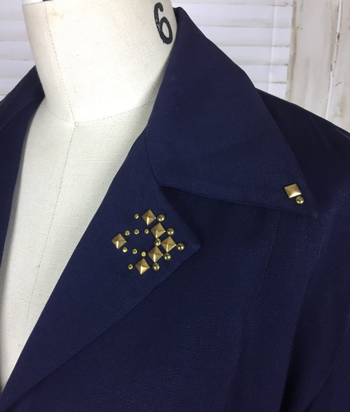 Original 1950s Navy Blue Vintage Wool Skirt Suit With Brass Collar Studs By Botany USA