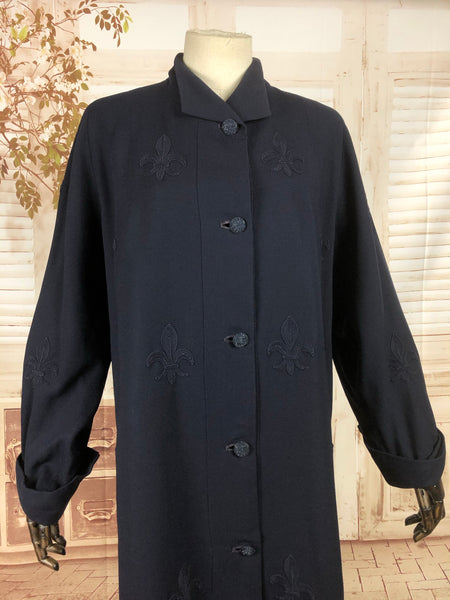 Original Late 1940s 40s Vintage Navy Blue Coat With Soutache Fleur De Lis Design By Forstmann