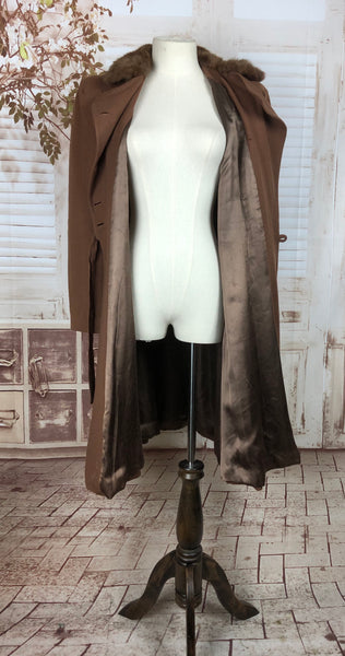 Original 1930s 30s Vintage Chocolate Brown Asymmetric Wool Coat With Fur Collar