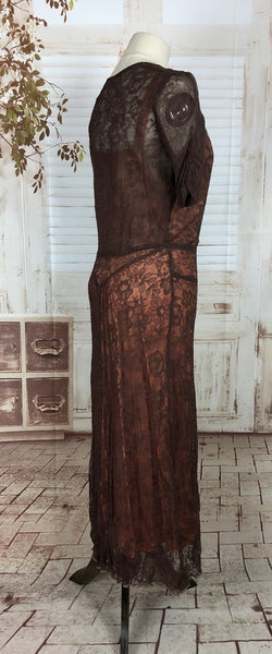 Original 1930s 30s Vintage Brown Lace Over Pink Slip Evening Dress