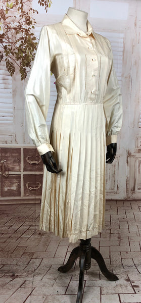 Original Vintage 1930s 30s Cream Silky Rayon Dress With Pleating And Fagotting