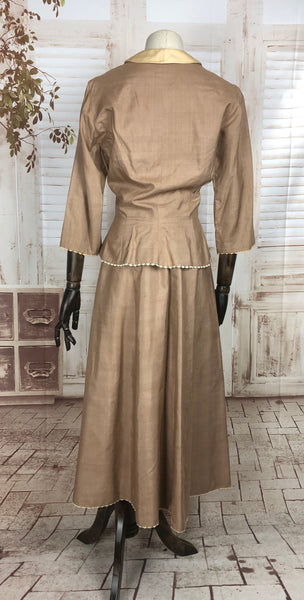 Original 1940s 40s Vintage Sand Coloured Silk New Look Skirt Suit With Lace Trim