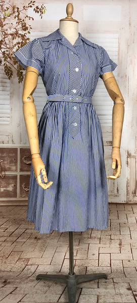 Stunning Original 1940s Vintage Blue And White Striped Belted